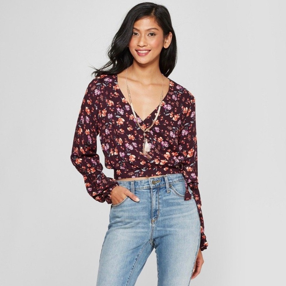 Xhilaration Women's Purple Floral Long Sleeve Faux Wrap Crop Top - NWT